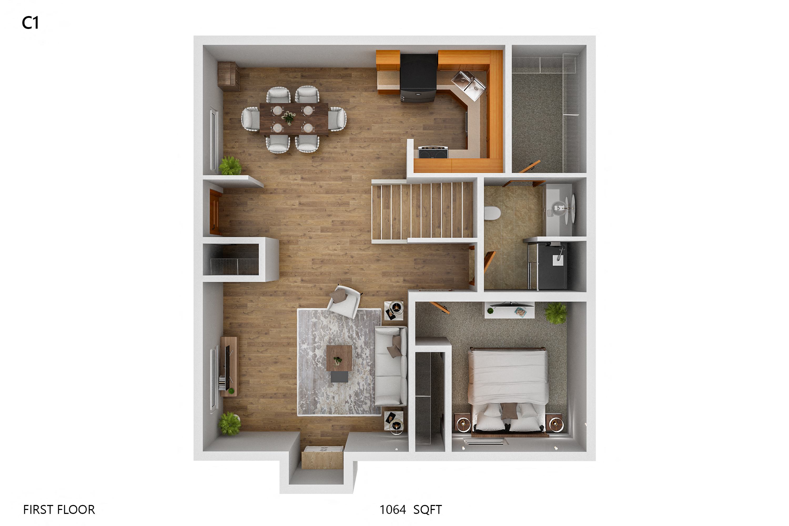 Floor plan for 2 beds, 2 baths, 1064 sqft